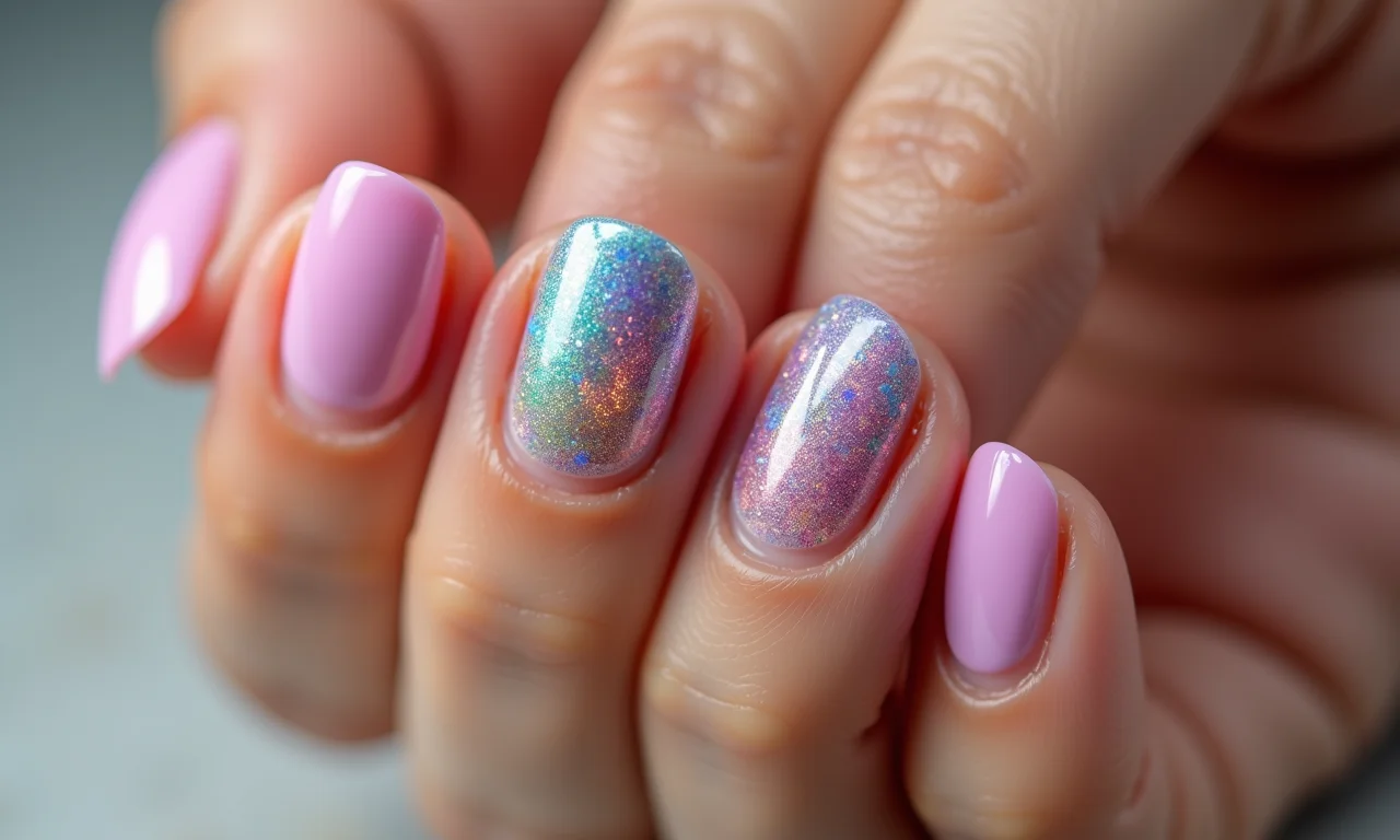 Filha única com glitter arco-íris em unhas.