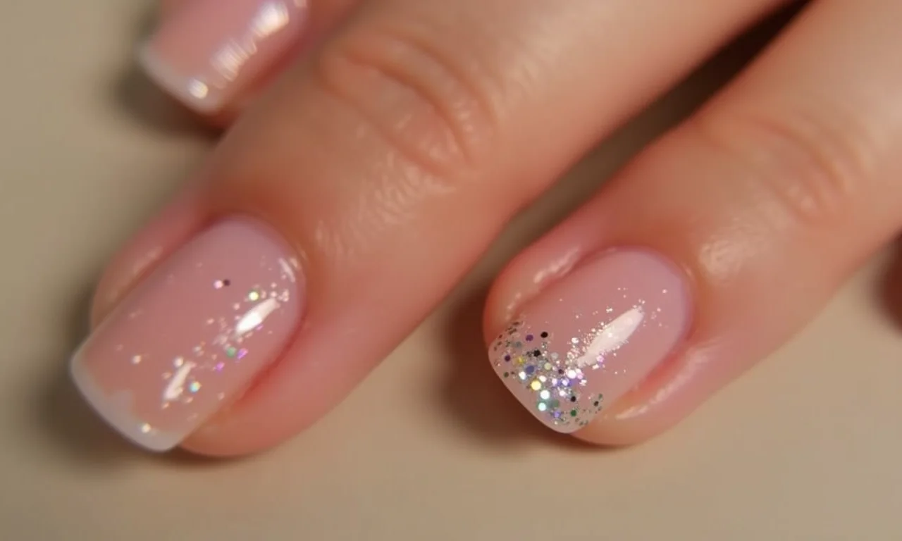Filha única com glitter em unhas curtas.