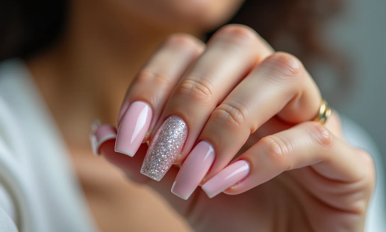 Filha única com glitter em unhas de gel.