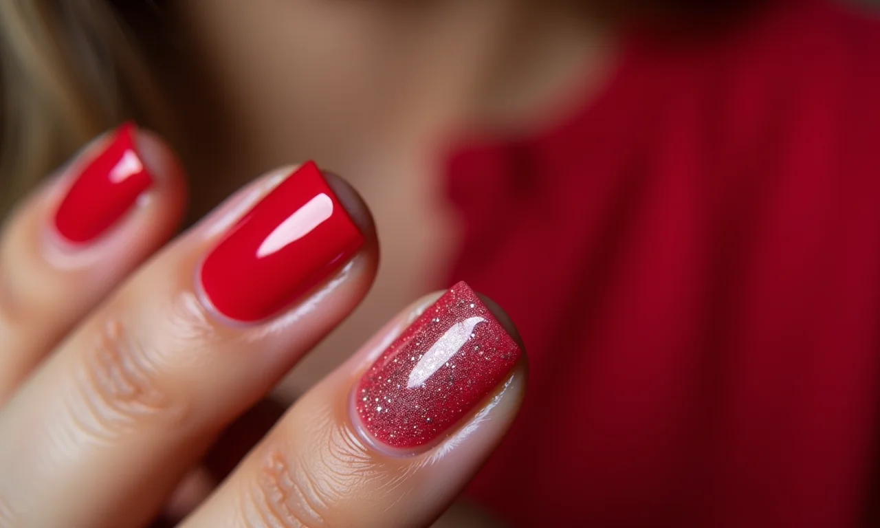 Filha única com glitter em unhas de gel quadradas.