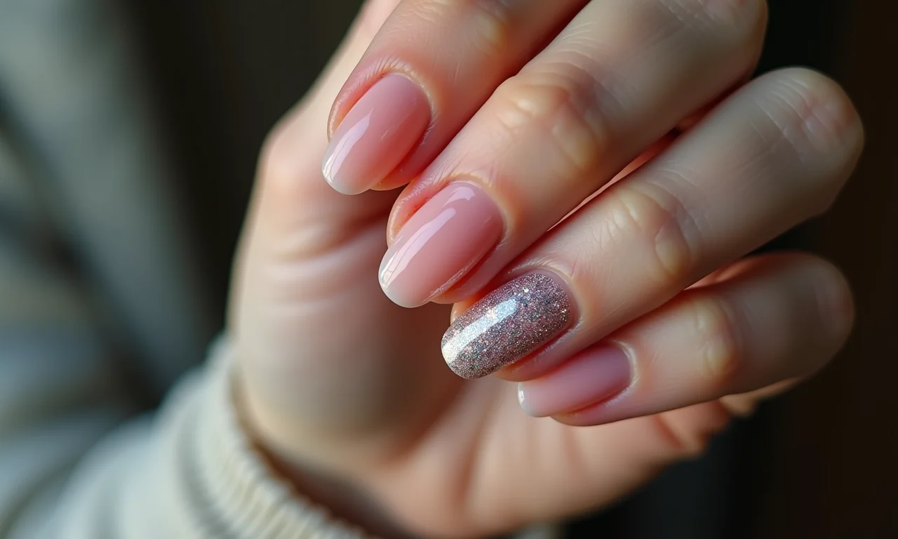 Filha única com glitter em unhas de gel redondas.