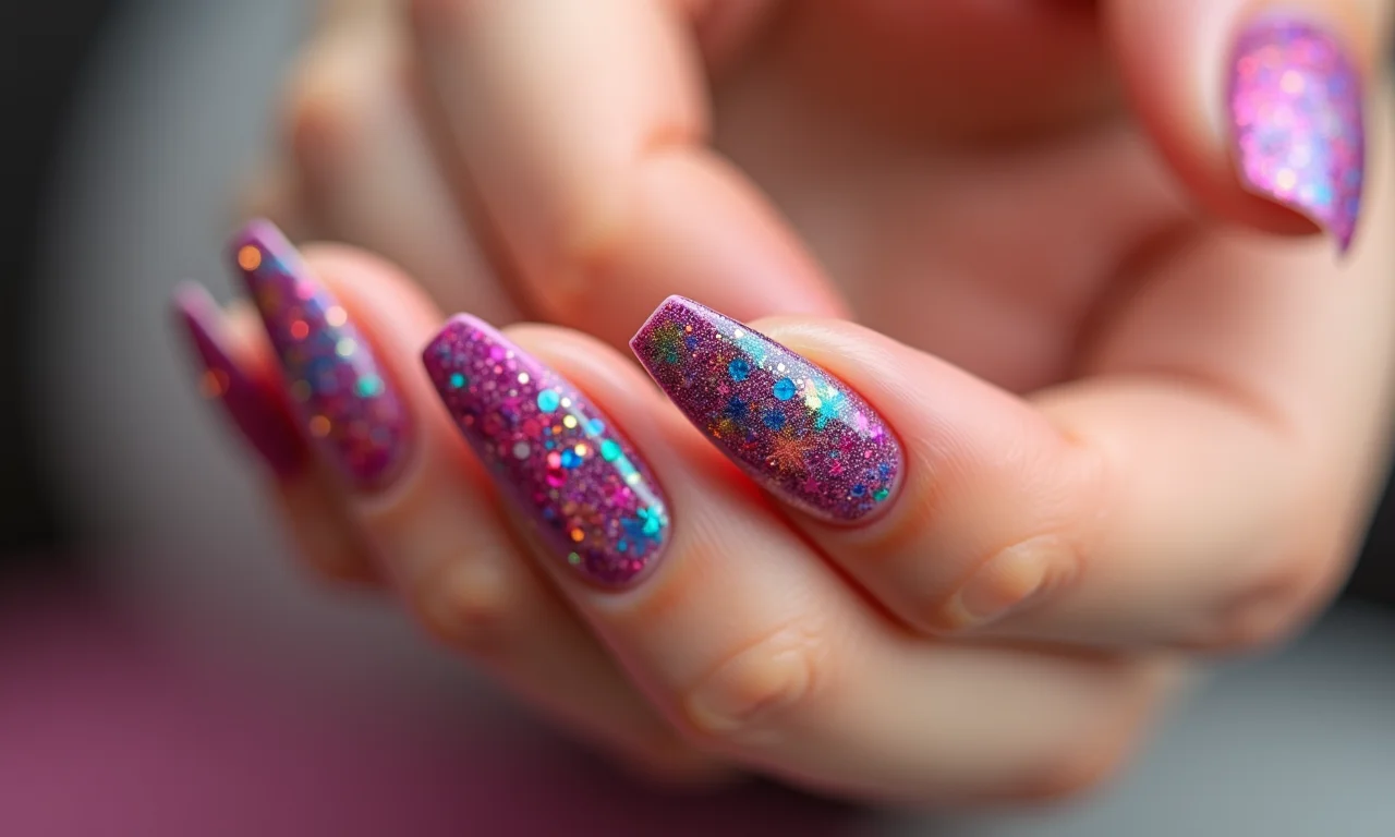 Filha única com glitter em unhas de gel.