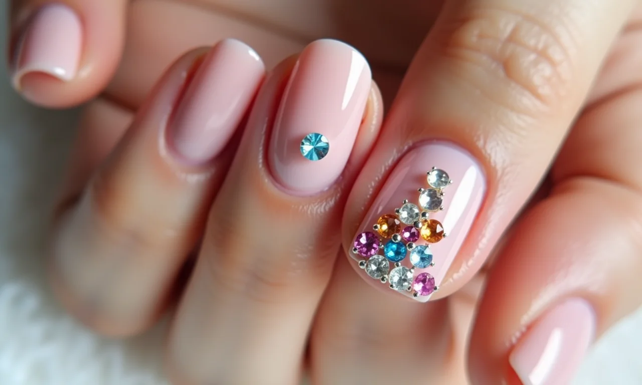 Filha única com pedrarias em unhas soft gel.