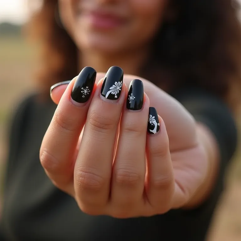 Filha única decorada em unhas de gel preta e branca.