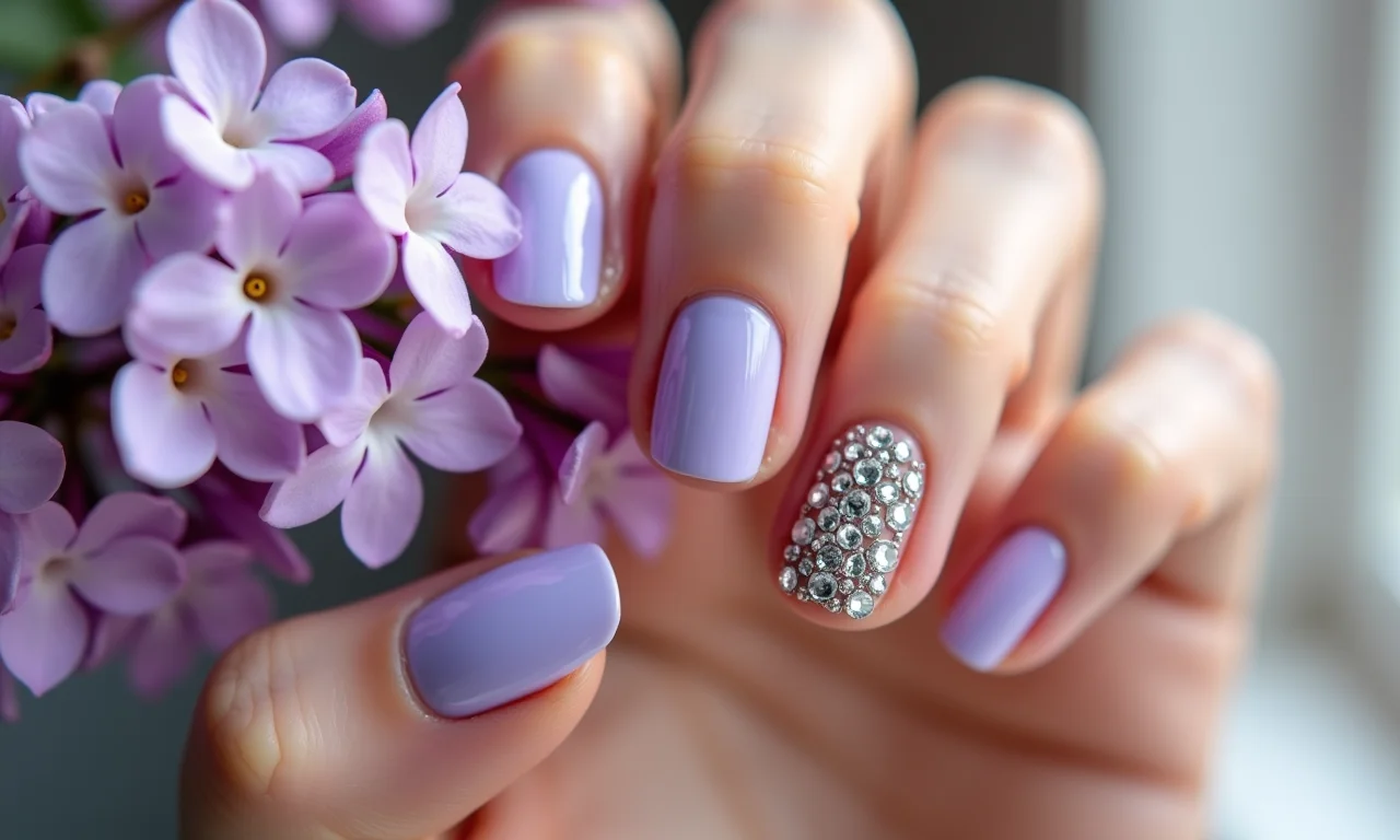 Filha única lilás com decoração de pedras, demais unhas em nude.