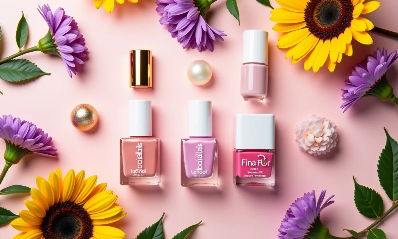 Flatlay com esmaltes Fina Flor e acessórios de beleza, com flores brasileiras.