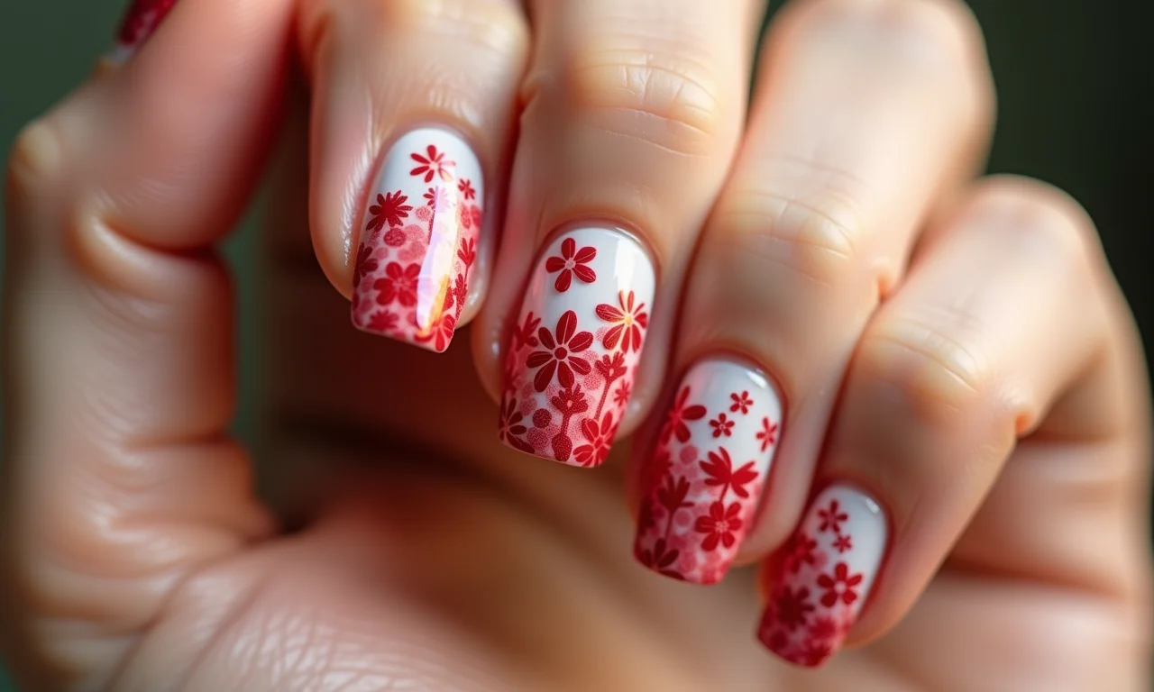 Florais delicados em vermelho e branco, arte nas unhas.