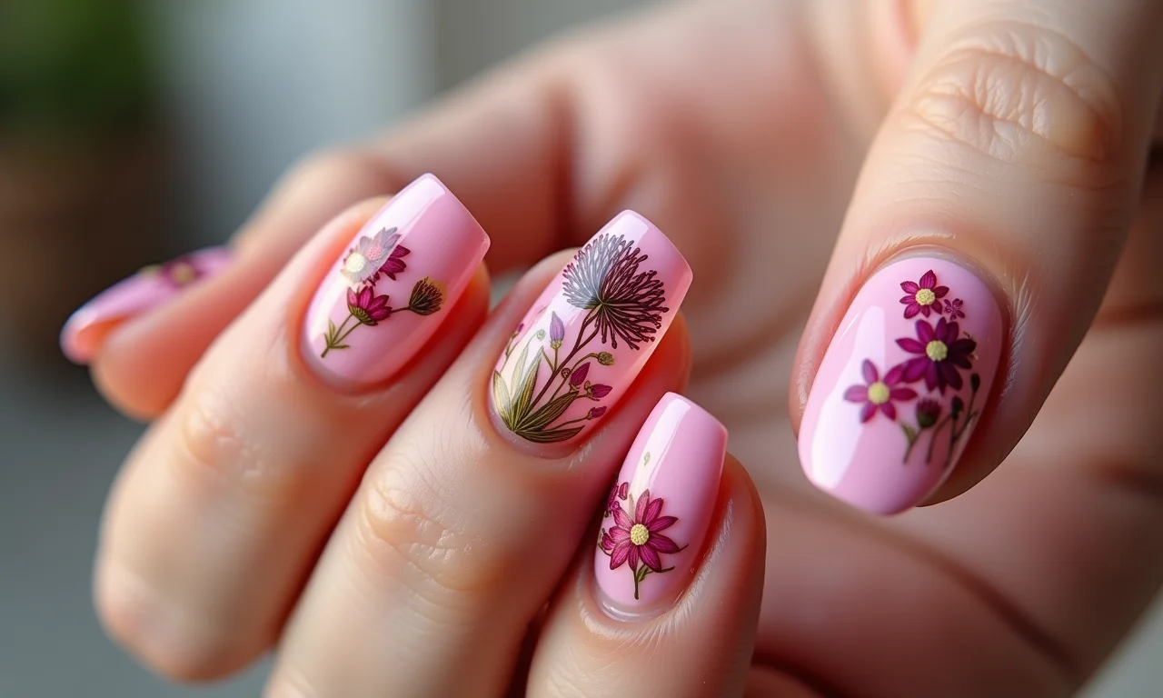 Flores secas encapsuladas em unhas rosas.