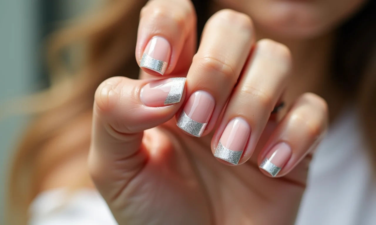 Francesinha clássica com detalhes em glitter nas pontas das unhas.