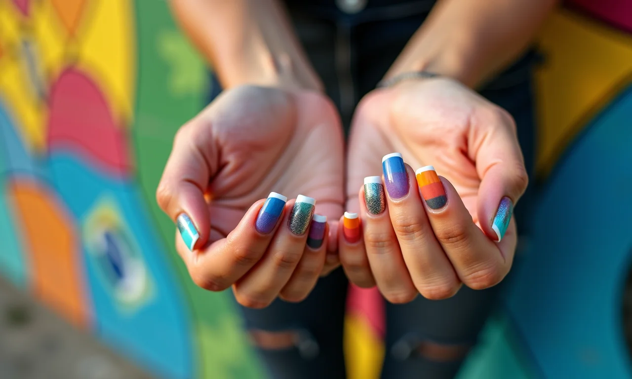 Francesinha colorida em unhas com arte em mural brasileiro.