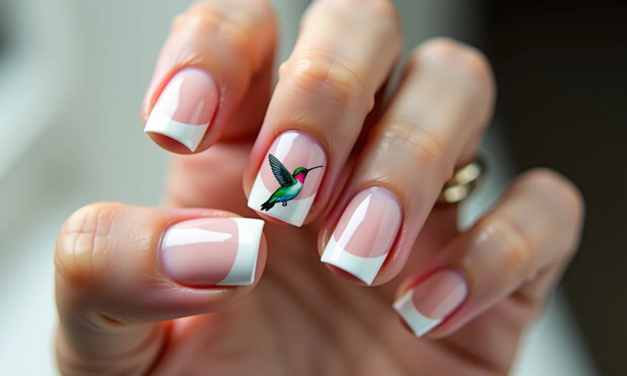 Francesinha com detalhe de beija-flor em uma unha.