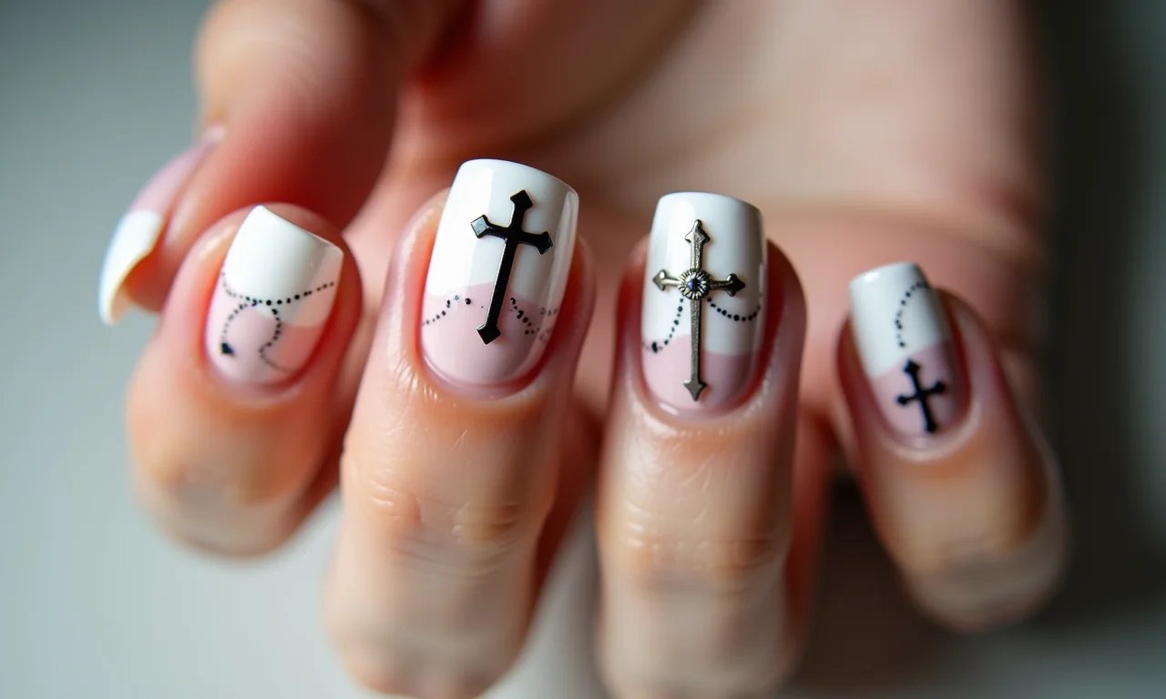 Francesinha com detalhes religiosos em unhas.