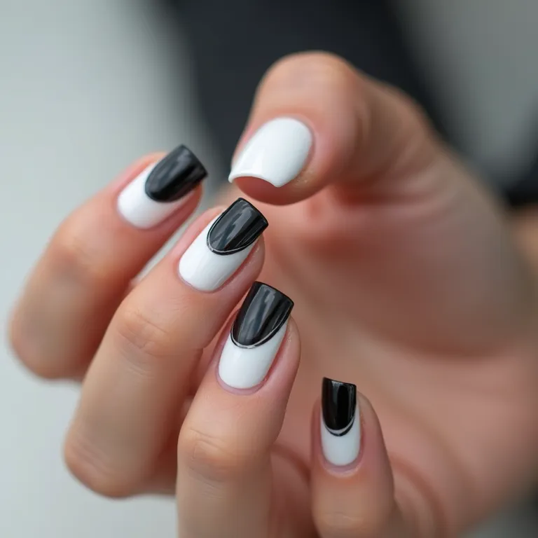 Francesinha invertida em unhas de gel preta e branca.