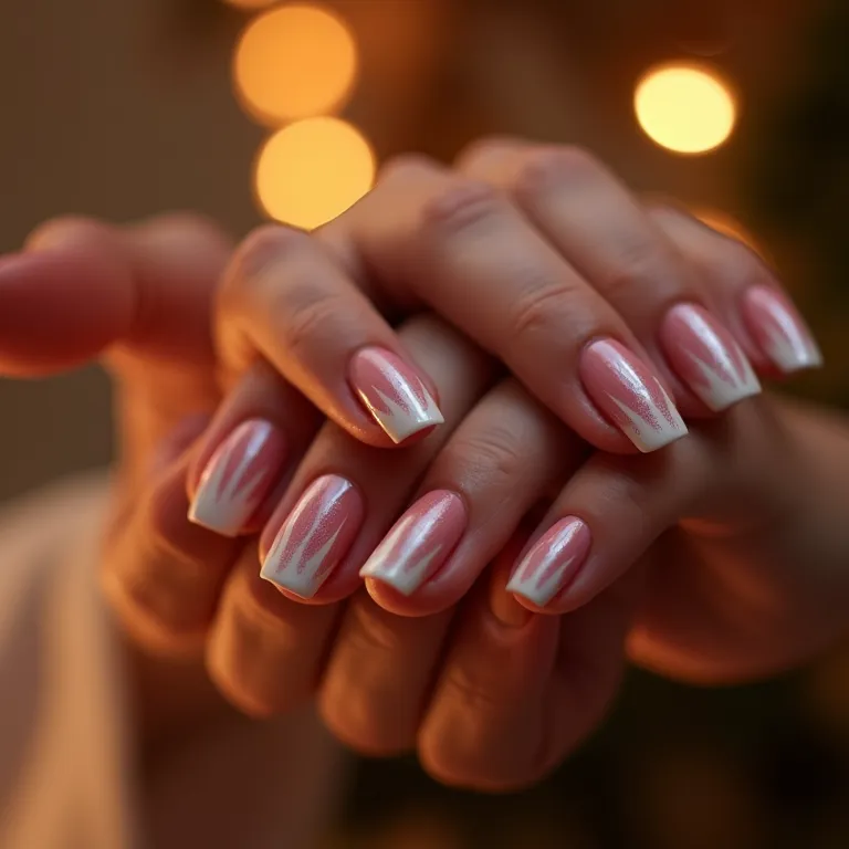 Francesinha invertida em unhas elegantes com luzes de festa ao fundo.