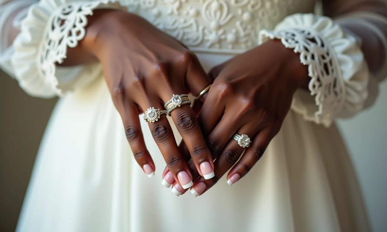 Francesinha invertida moderna em unhas de noiva com pele morena.