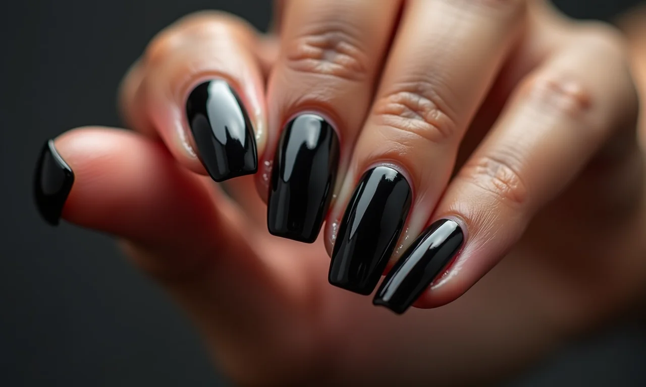 Francesinha lateral em unhas de gel pretas.