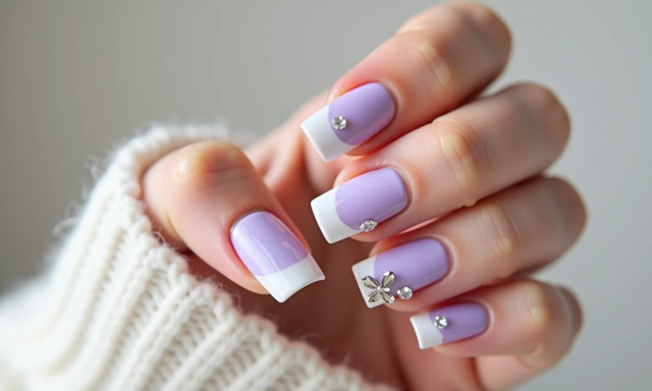 Francesinha lilás com pedras delicadas na base da unha.