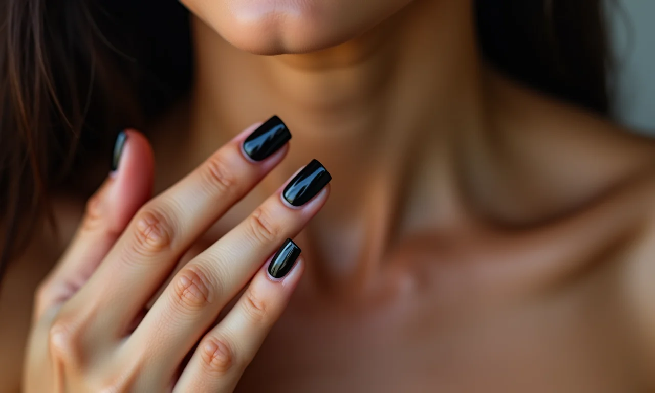 Francesinha preta clássica em unhas bem cuidadas.