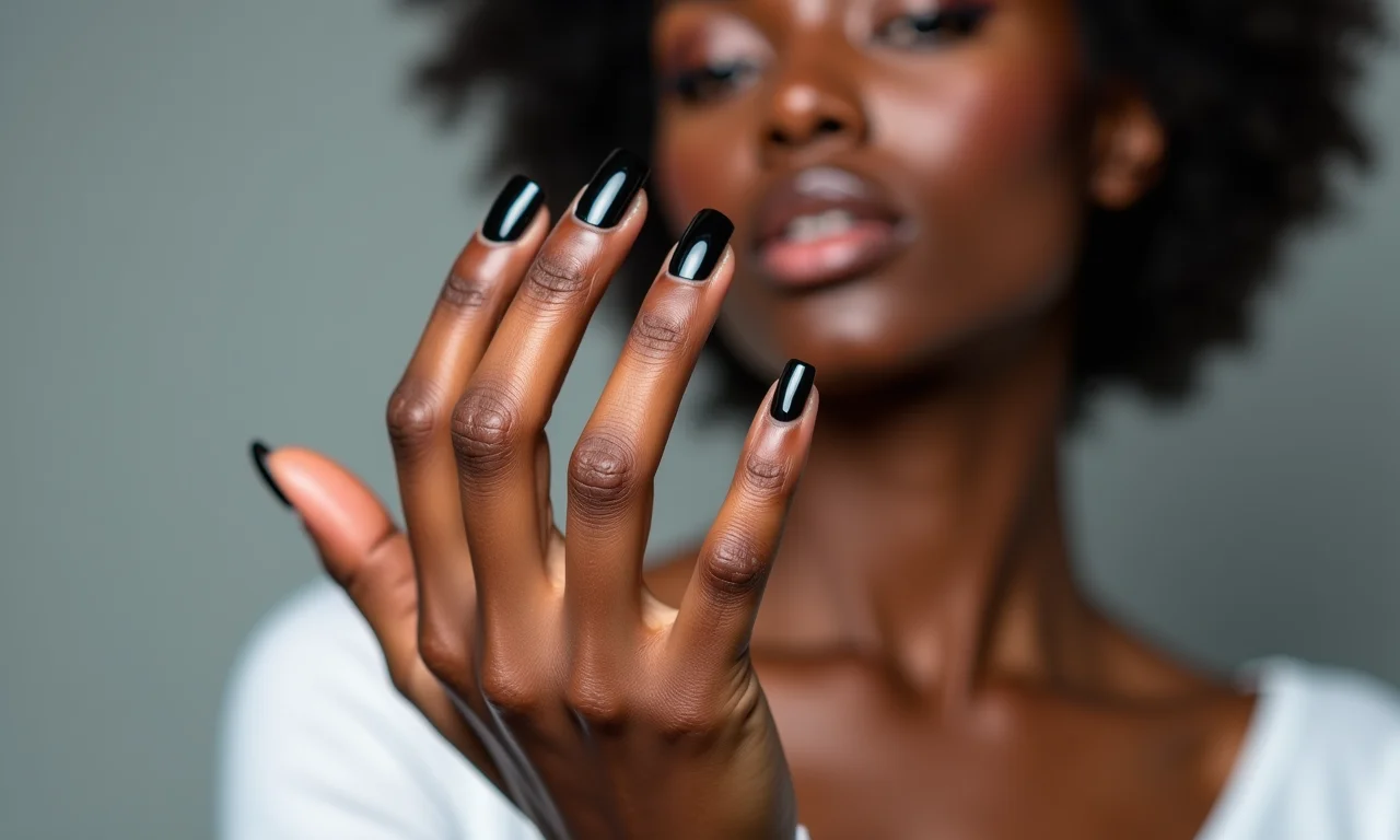 Francesinha preta invertida em unhas de gel.