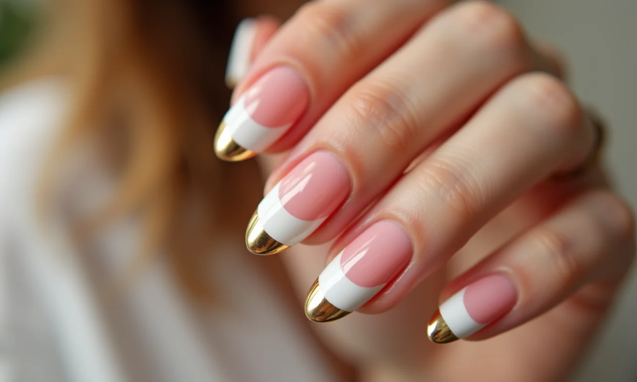 Francesinha repaginada em unhas almond com detalhes dourados.