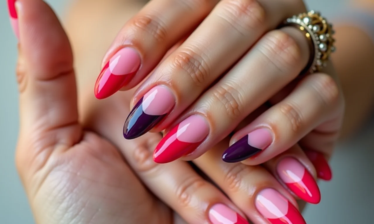 Francesinha repaginada em unhas curtas com cores vibrantes.