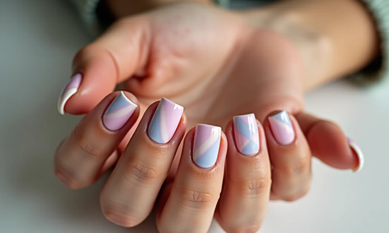 Francesinha repaginada em unhas quadradas com tons pastel.