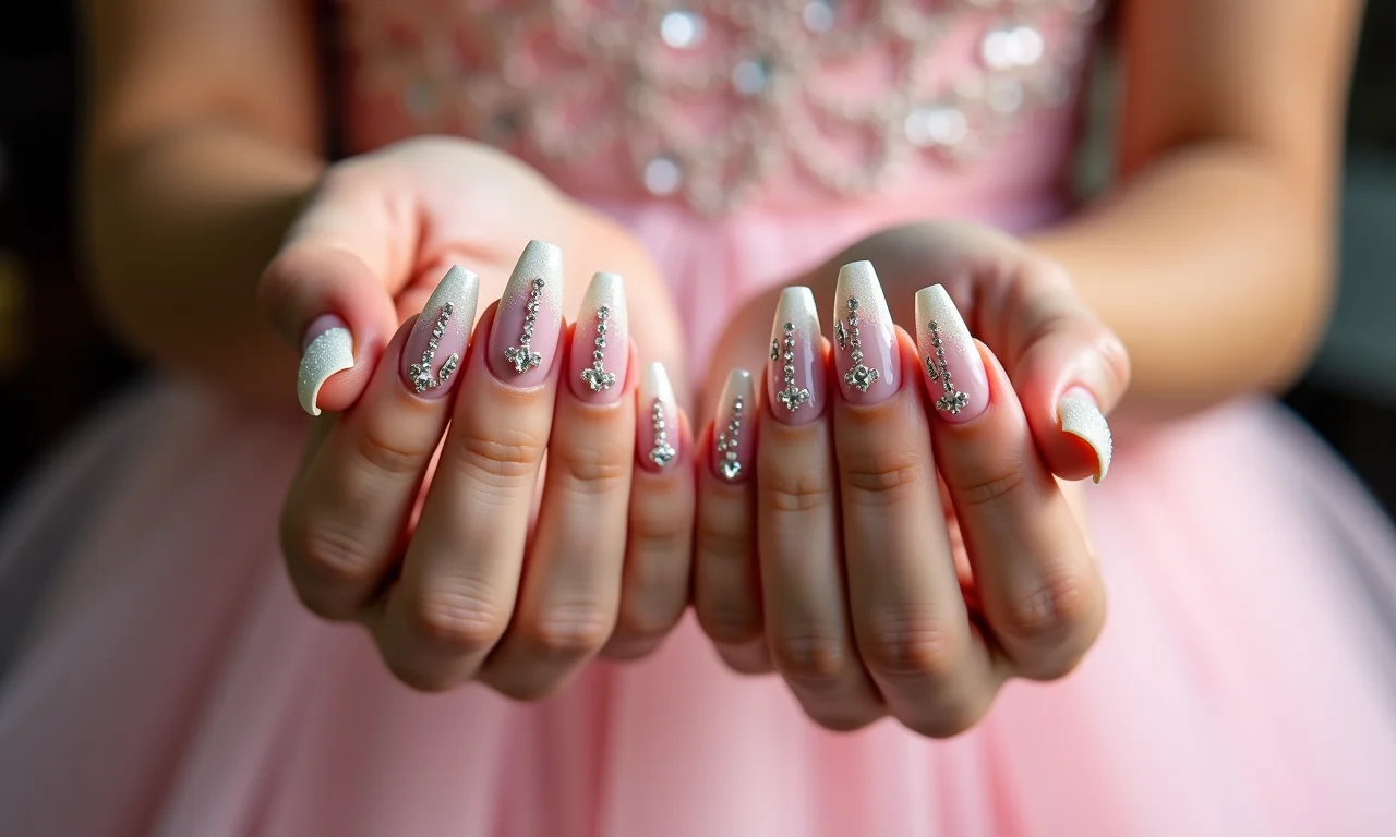 Francesinha reversa com pedrarias e pérolas delicadas sobre base rosa.