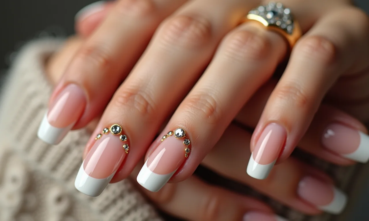 Francesinha reversa dupla com linhas douradas e prateadas sobre base nude.