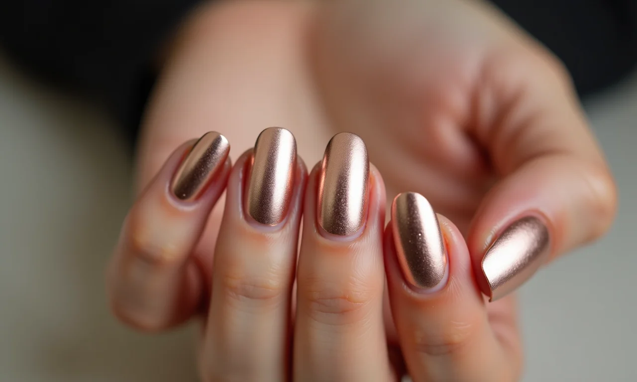 Francesinha reversa metalizada com pontas em rose gold e base nude.