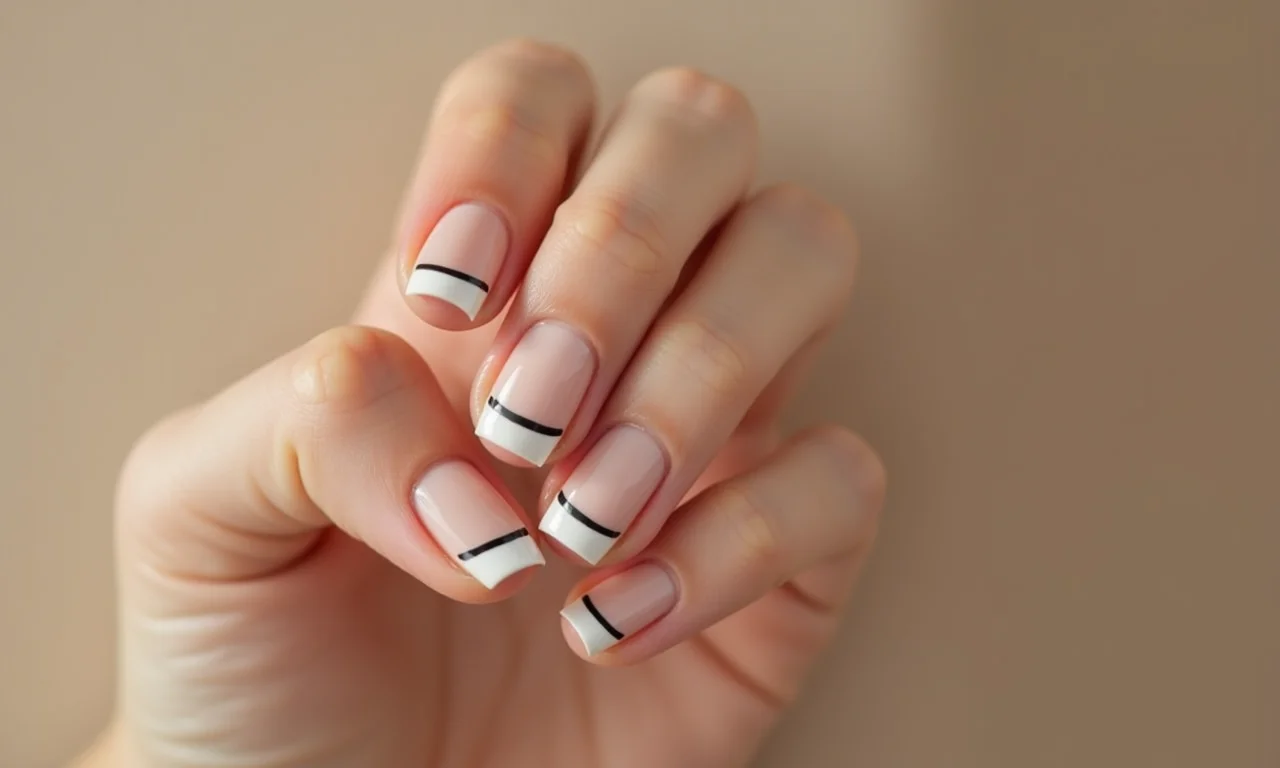 Francesinha reversa minimalista com linha preta fina sobre base nude.