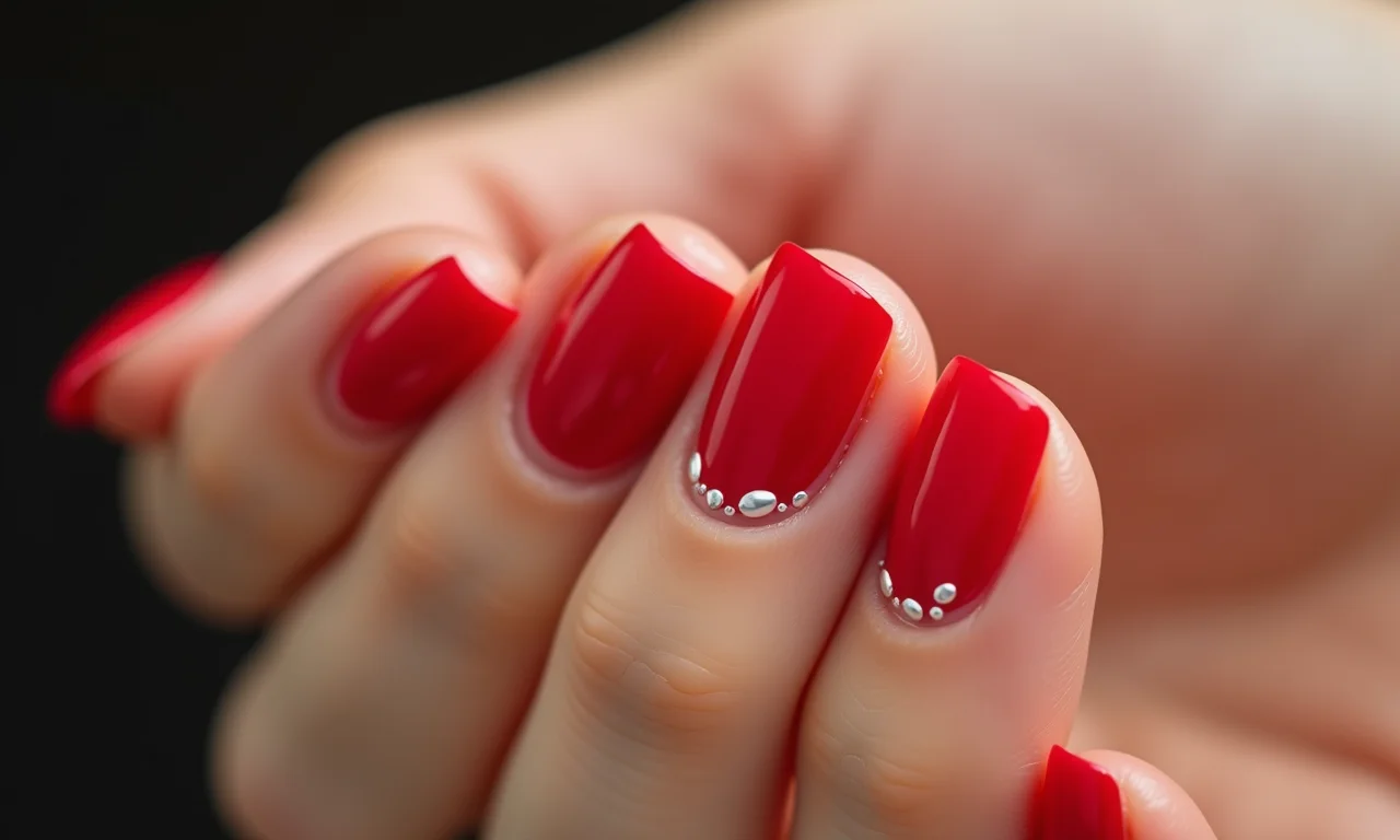 Francesinha vermelha com detalhes brancos em unhas bem cuidadas.