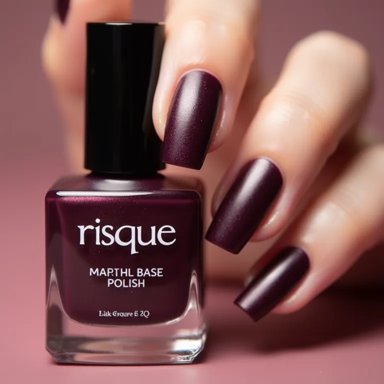 Frasco da base fosca Risqué Matte com unhas matte ao fundo.