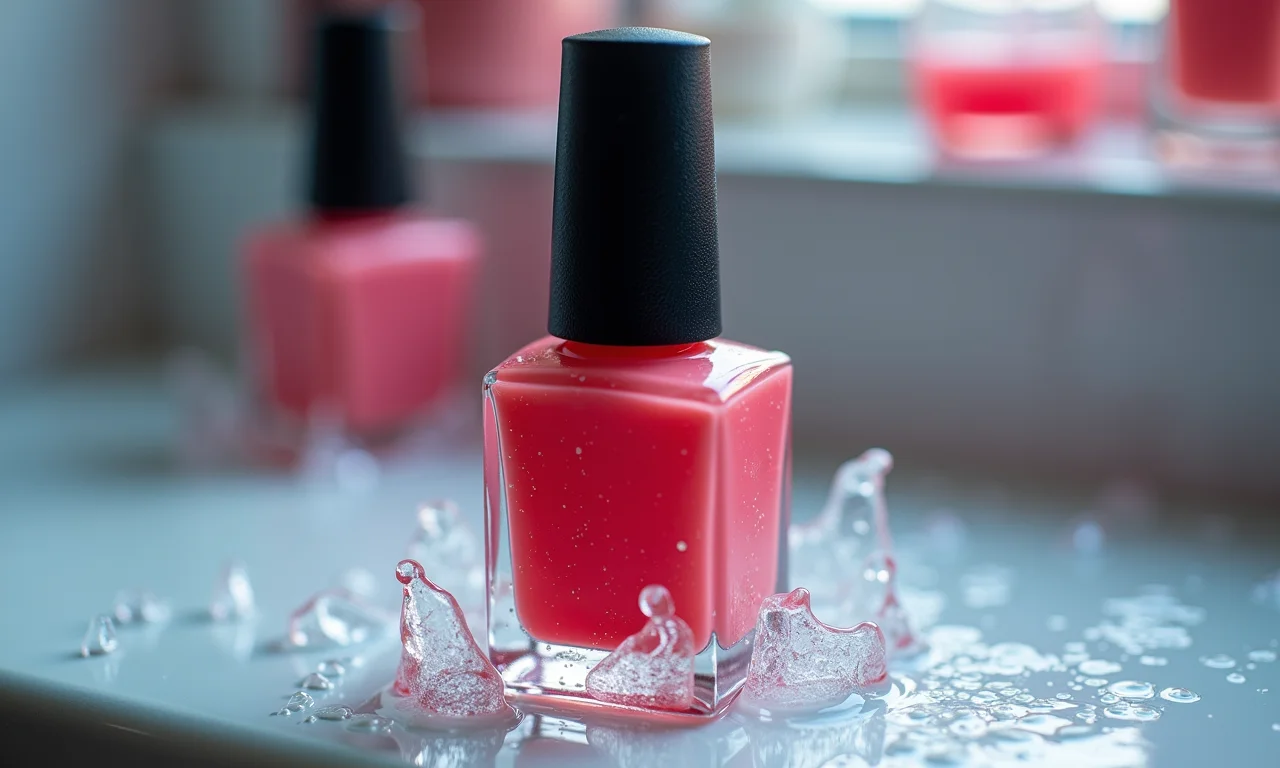 Frasco de esmalte mergulhado em água quente.