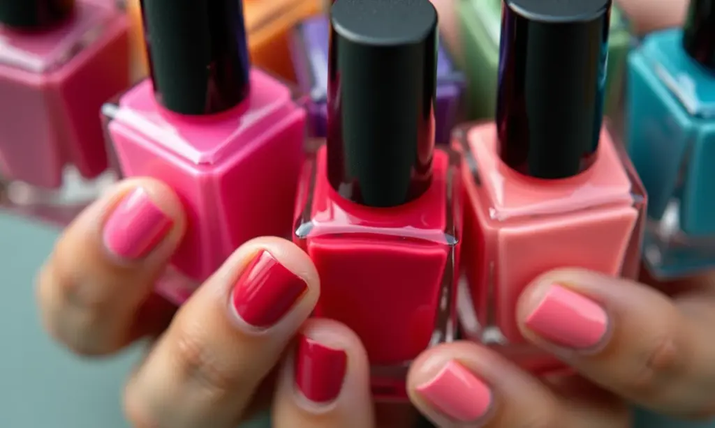 Frascos de esmalte com diferentes consistências, alguns grossos, outros novos.