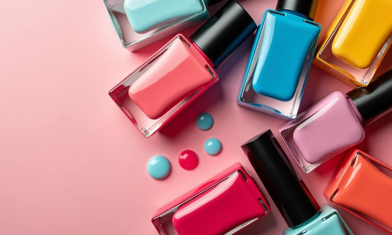 Frascos de esmalte em cores vibrantes e alegres dispostos artisticamente.