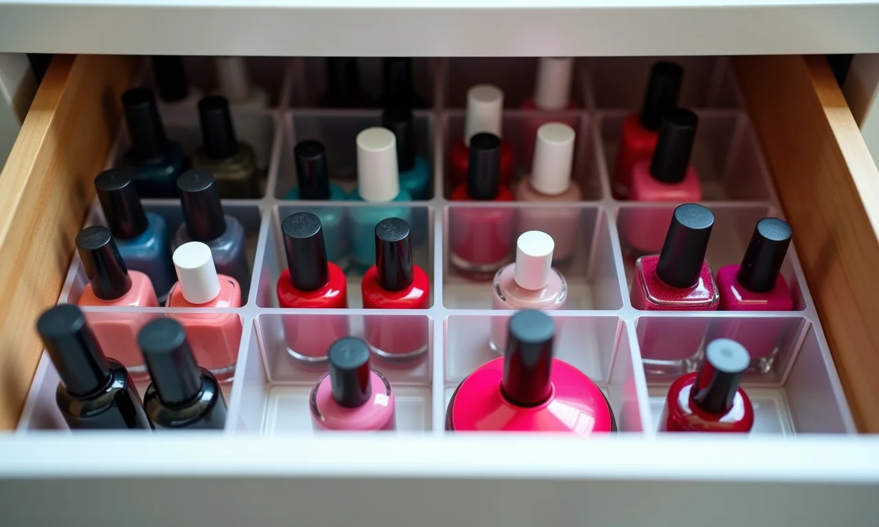 Gaveta organizada com esmaltes.