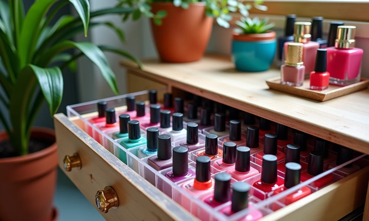 Gaveteiro de acrílico transparente com esmaltes coloridos organizados por cor.