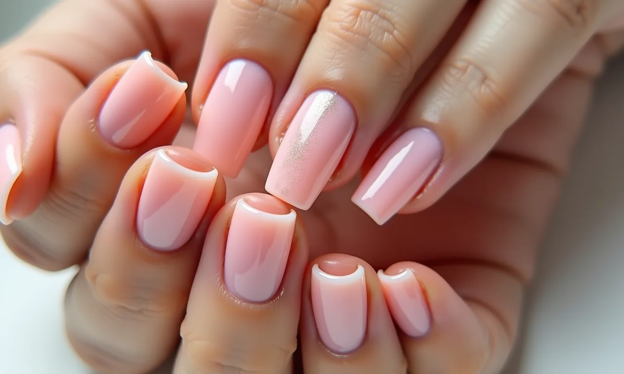 Gel construtor Honey Girl em unhas de fibra de vidro quadradas.