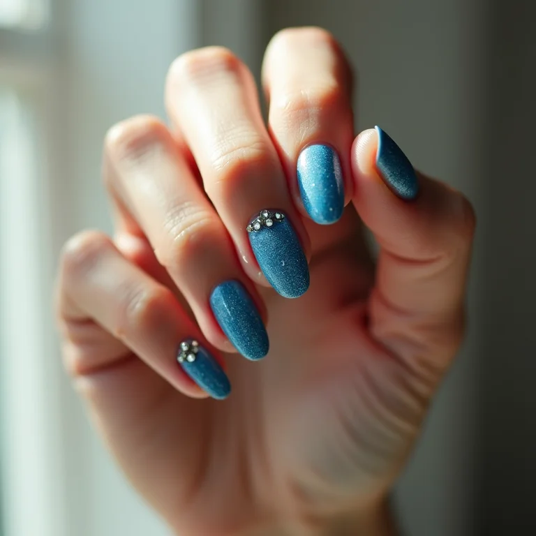 Glitter azul com pedrarias em unhas de gel
