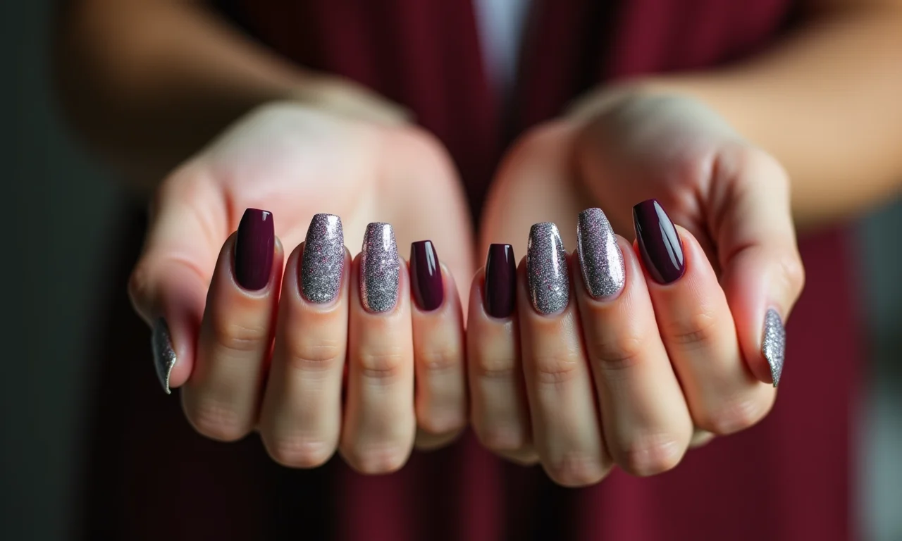 Glitter branco e esmalte escuro.