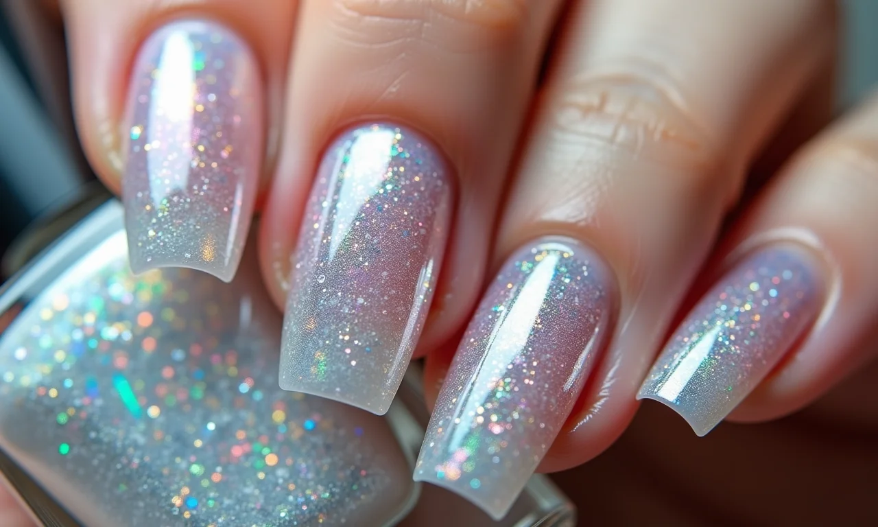 Glitter e efeito holográfico em unhas de fibra de vidro.