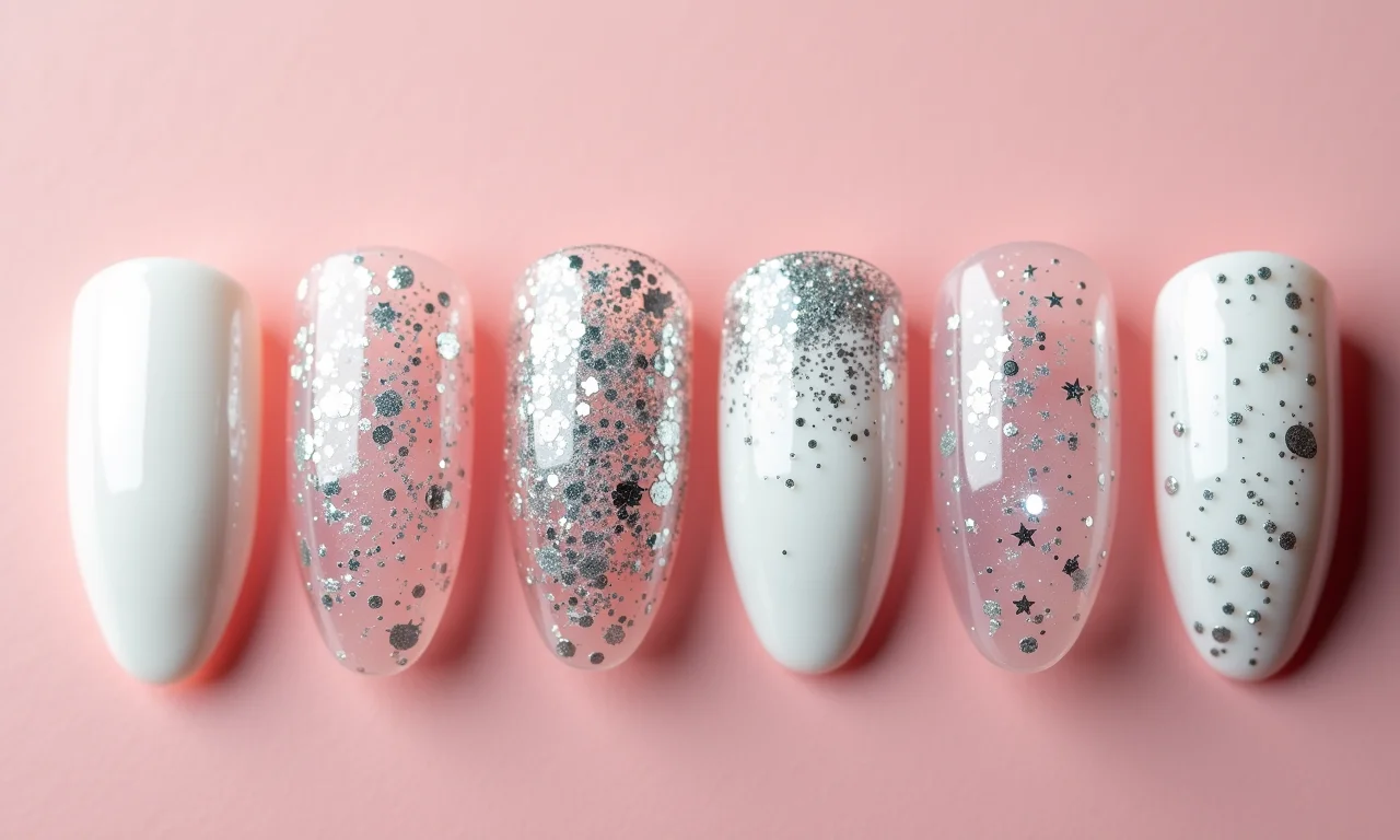 Inspirações de unhas decoradas com glitter branco.
