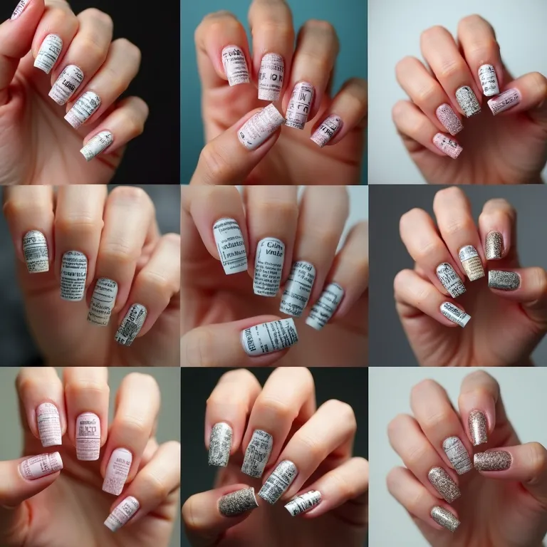 Inspirações de unhas decoradas com jornal em diferentes estilos.