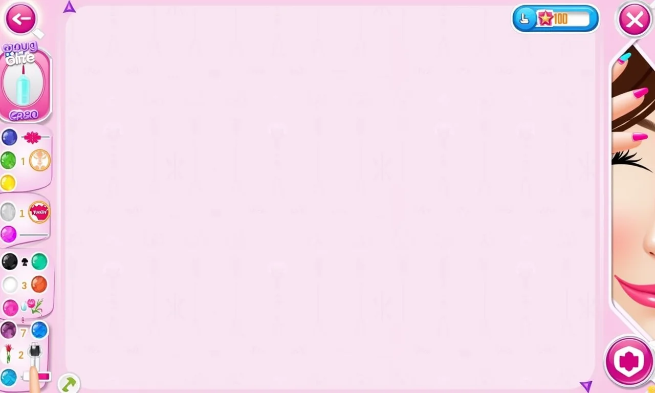 Interface de jogo de esmalte gratuito, mostrando opções e ferramentas de customização.