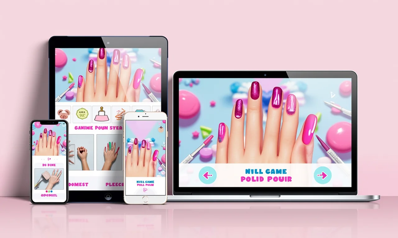 Interface de jogo de esmaltes em diversos dispositivos: tablet, smartphone, laptop.