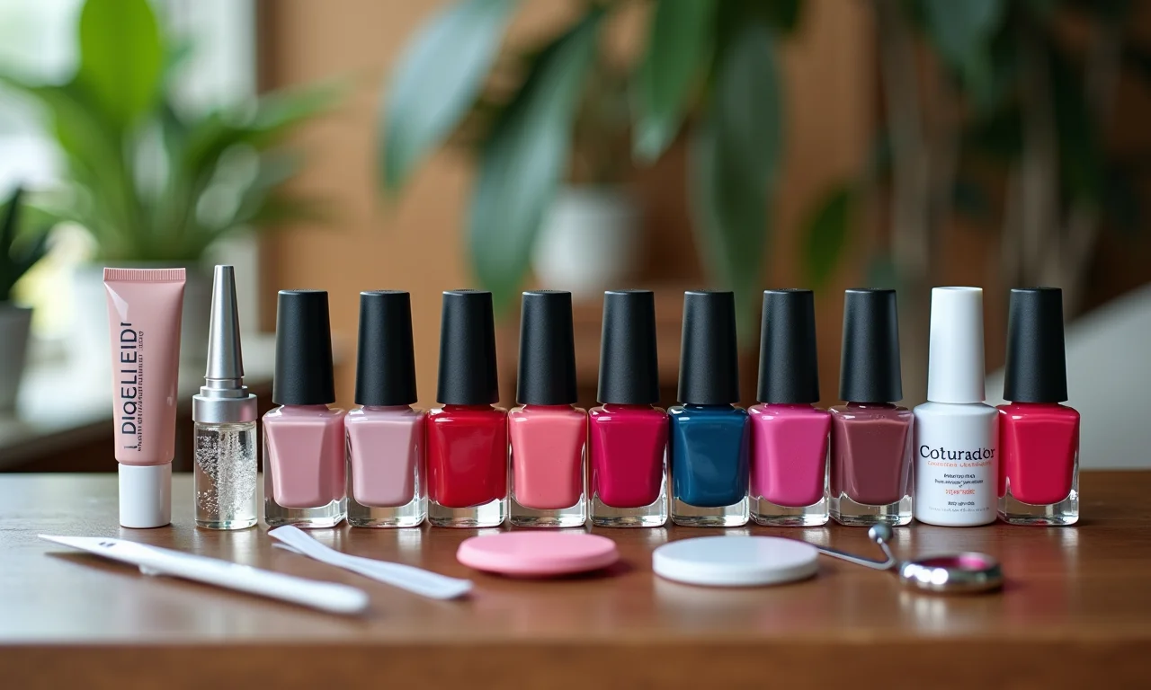 Kit de esmaltes com acessórios e produtos para unhas.