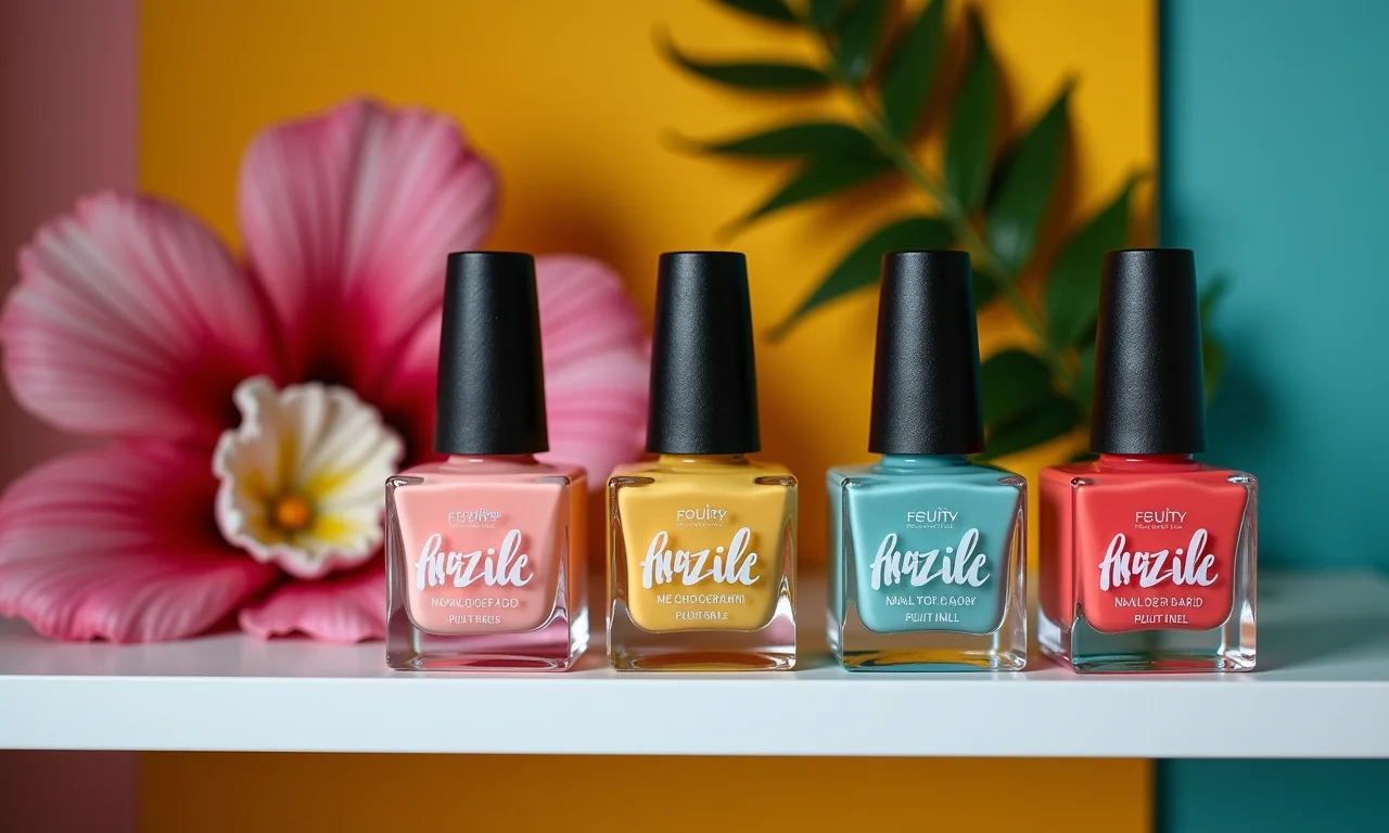 Kits de esmalte temáticos em prateleira colorida.