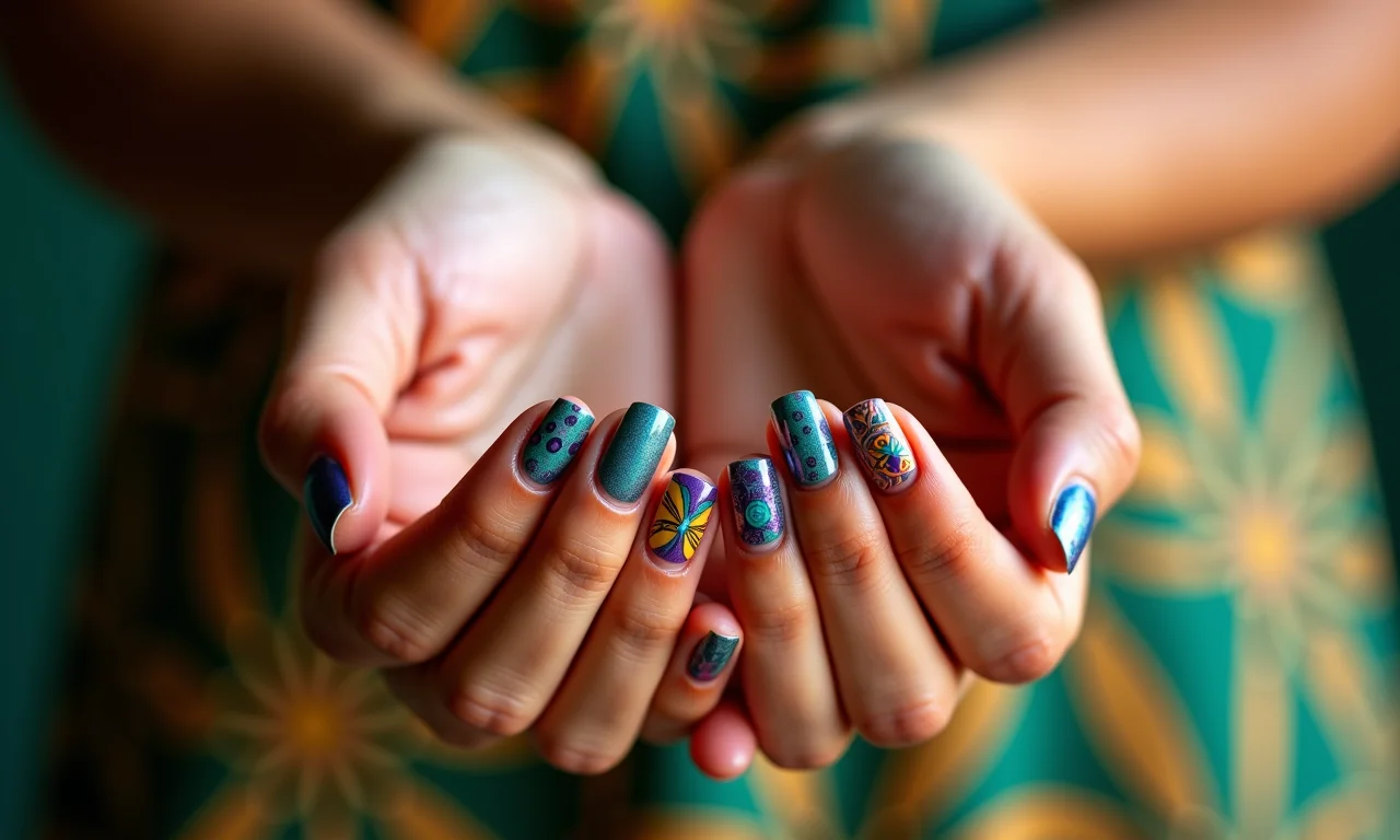 Mandala vibrante nas unhas.