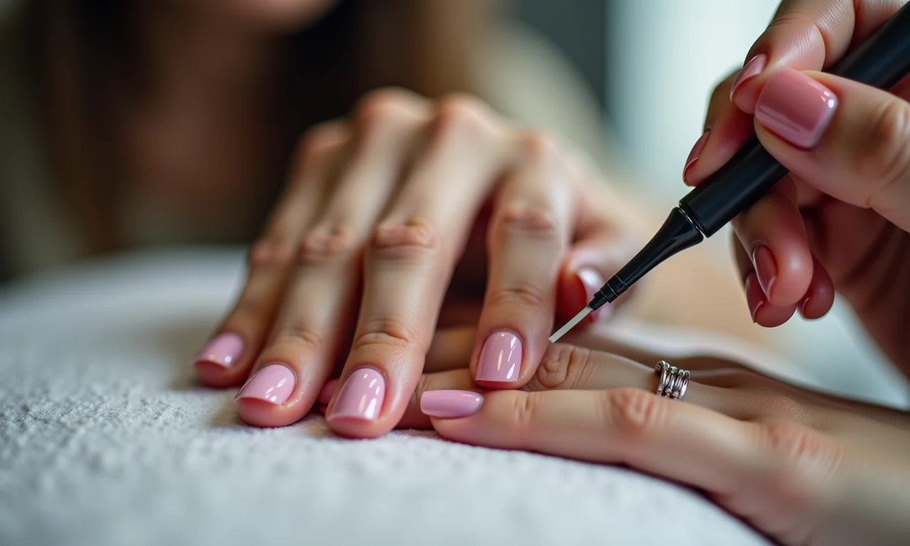 Manicure aplicando esmalte em unha, destacando os serviços oferecidos pela Oh Darling Esmalteria.