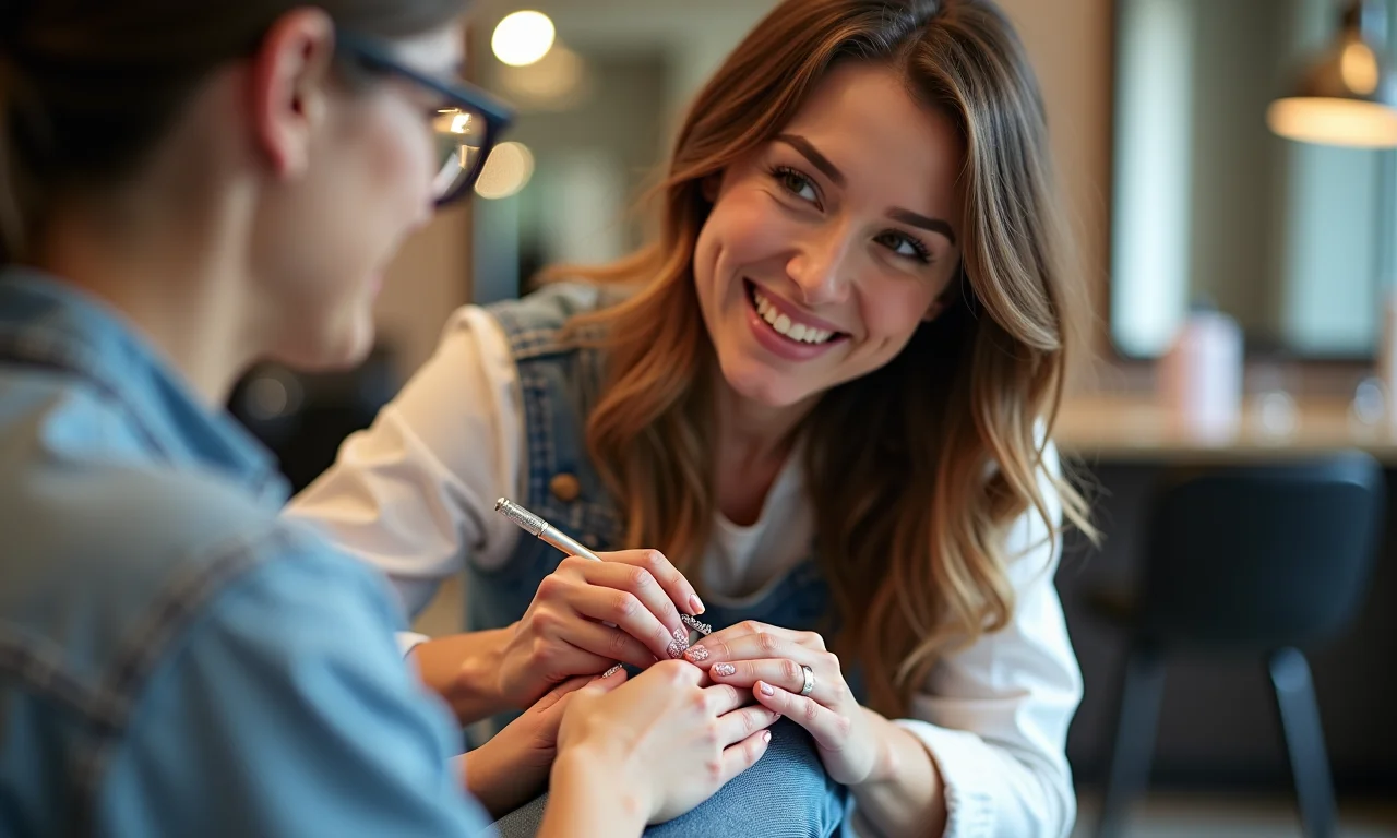 Manicure aplicando glitter em unhas.